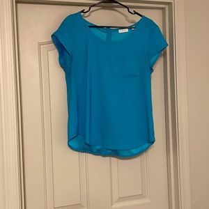Blue satin short sleeved blouse